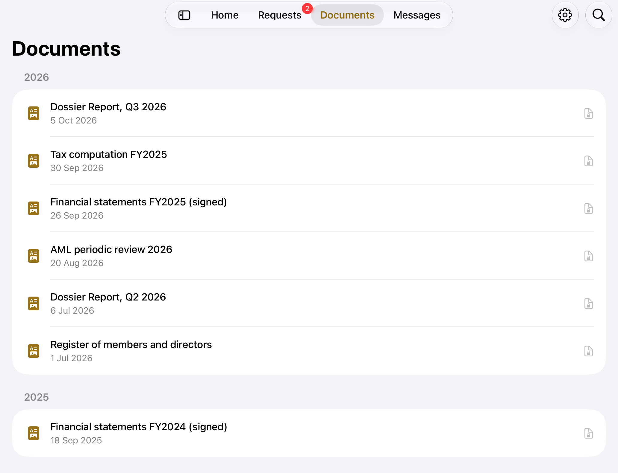 Documents on iPad for a sample company: the Q3 and Q2 2026 Dossier Reports, the FY2025 tax computation and signed financial statements, the 2026 AML review and the register of members and directors, filed by year.