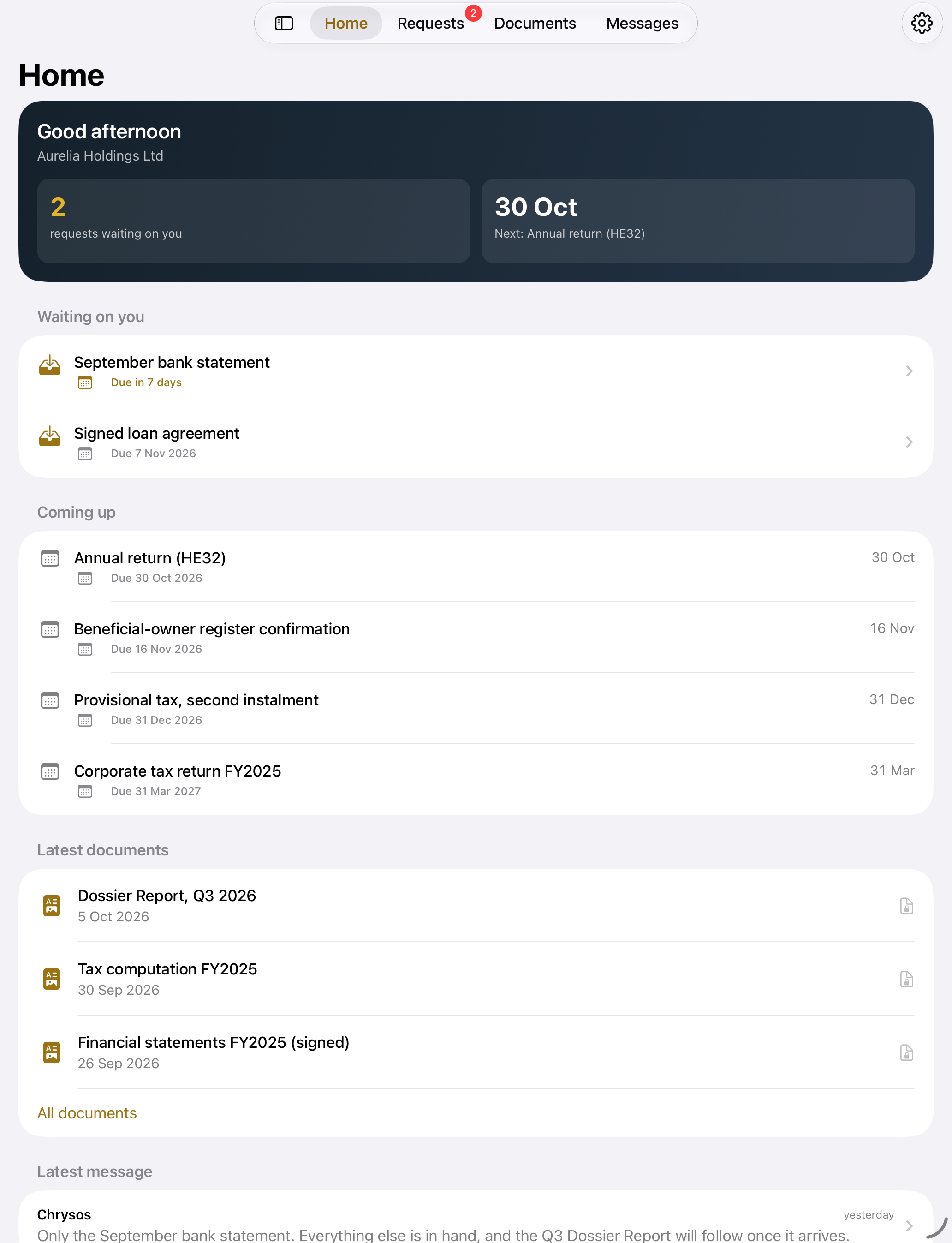 The Chrysos app on iPad: home screen with requests waiting, deadlines coming up and the latest documents.