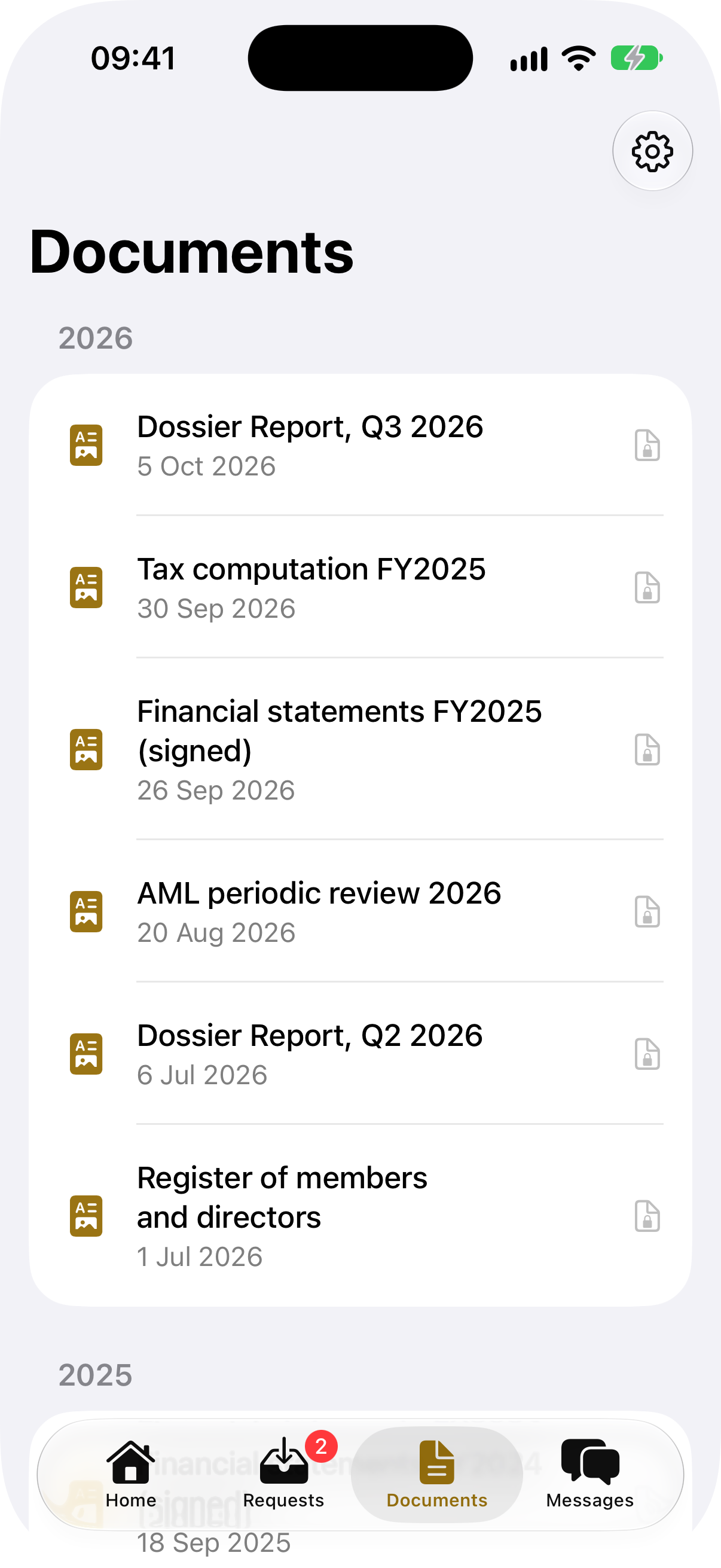 Documents: the Q3 2026 Dossier Report, tax computation, signed financial statements, AML review and registers.