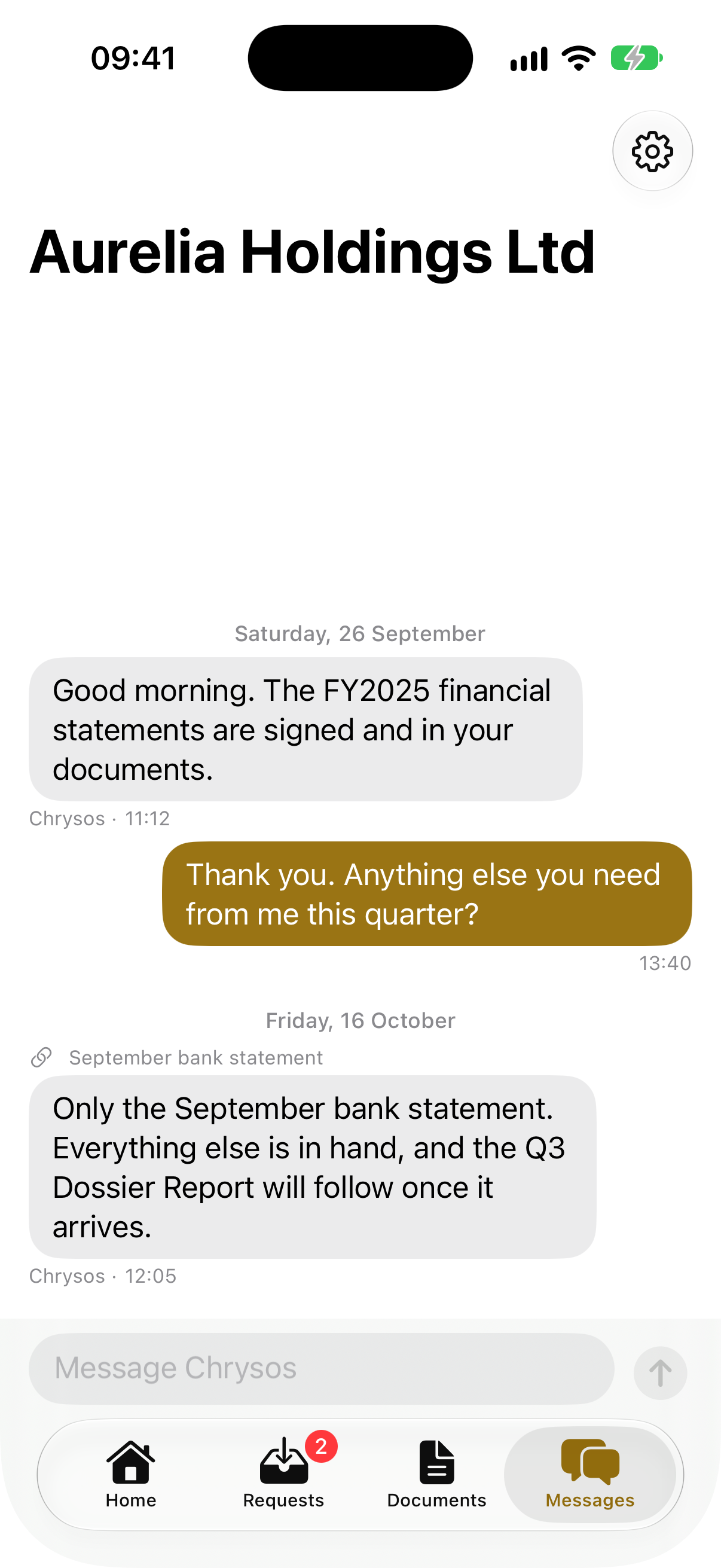 Messages: a conversation with Chrysos about the signed financial statements and a bank statement.