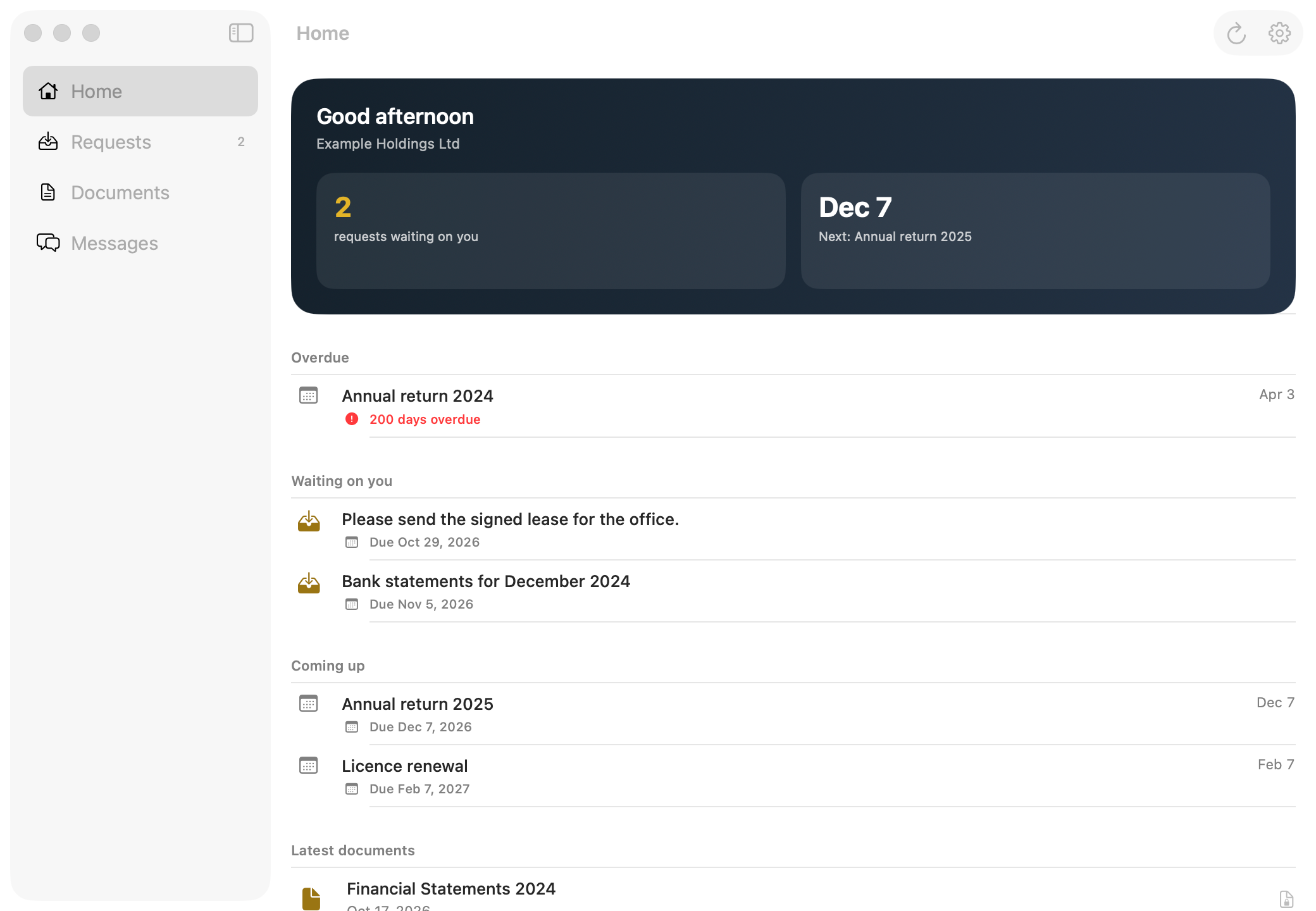 The Chrysos app on Mac for a sample company: Home in a window with a sidebar, two requests waiting, an overdue annual return, deadlines coming up and the latest documents.