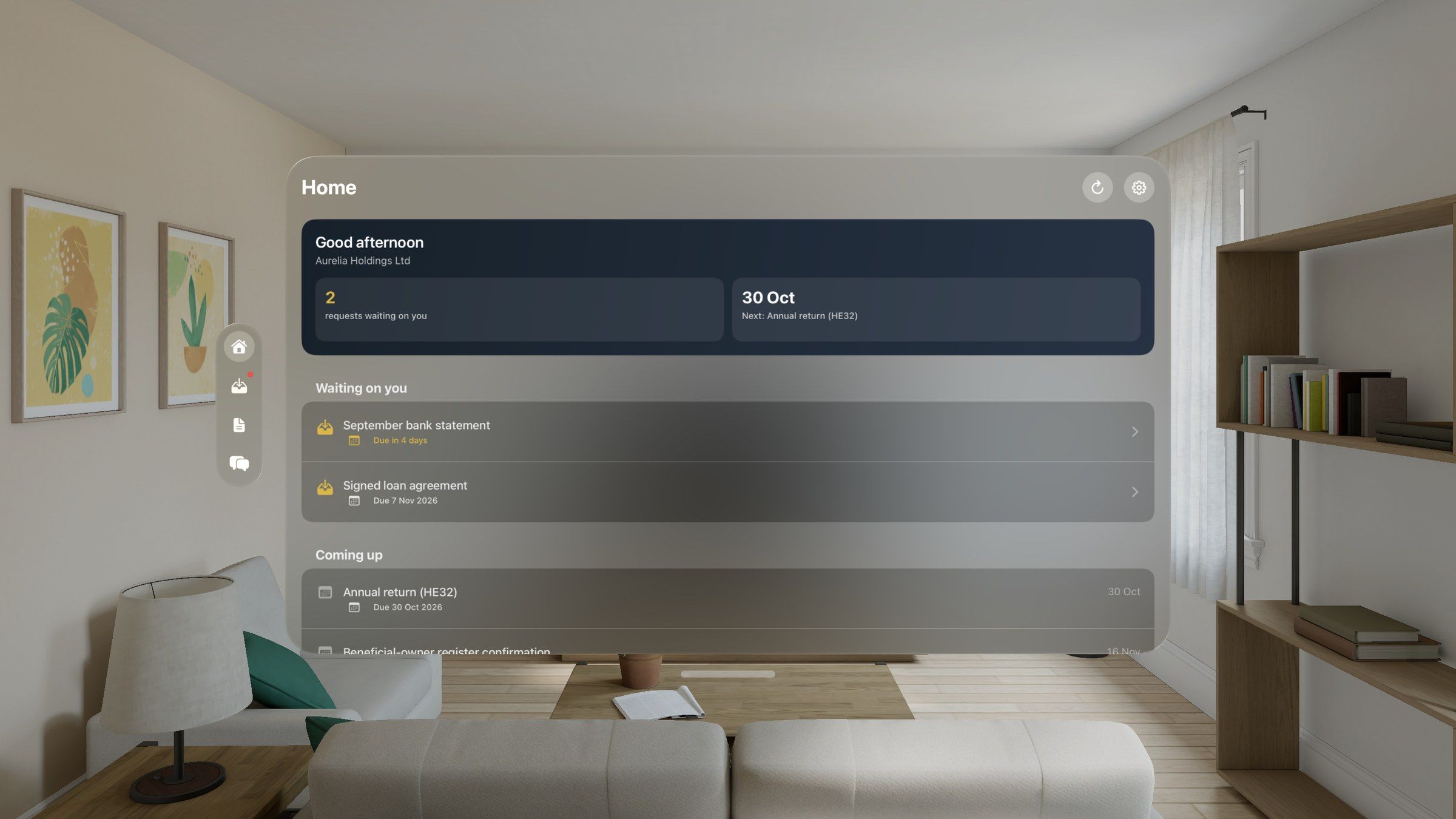 The Chrysos app on Apple Vision Pro: the Home window for a sample company, placed in a living room, with Home, Requests, Documents and Messages along its left side.